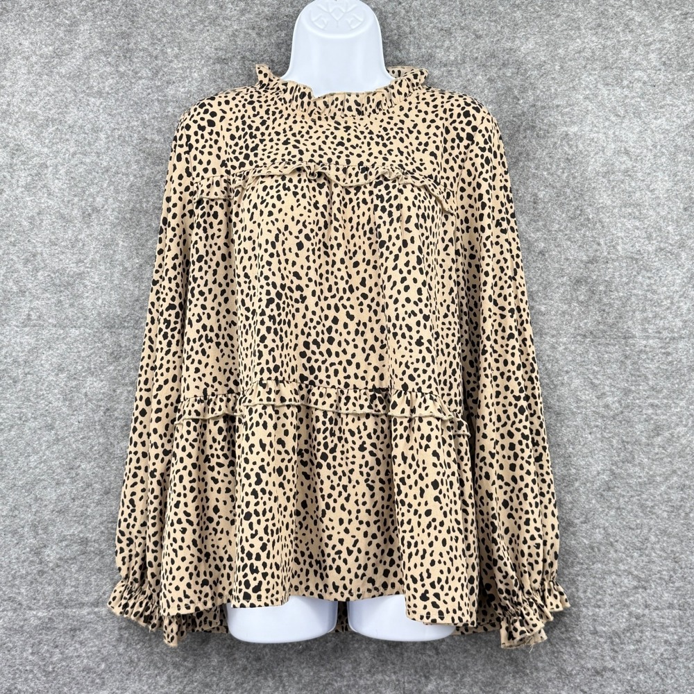 C.D.M. Womens Leopard Print Ruffle‎ Blouse Long Sleeve Size L Beige & Black